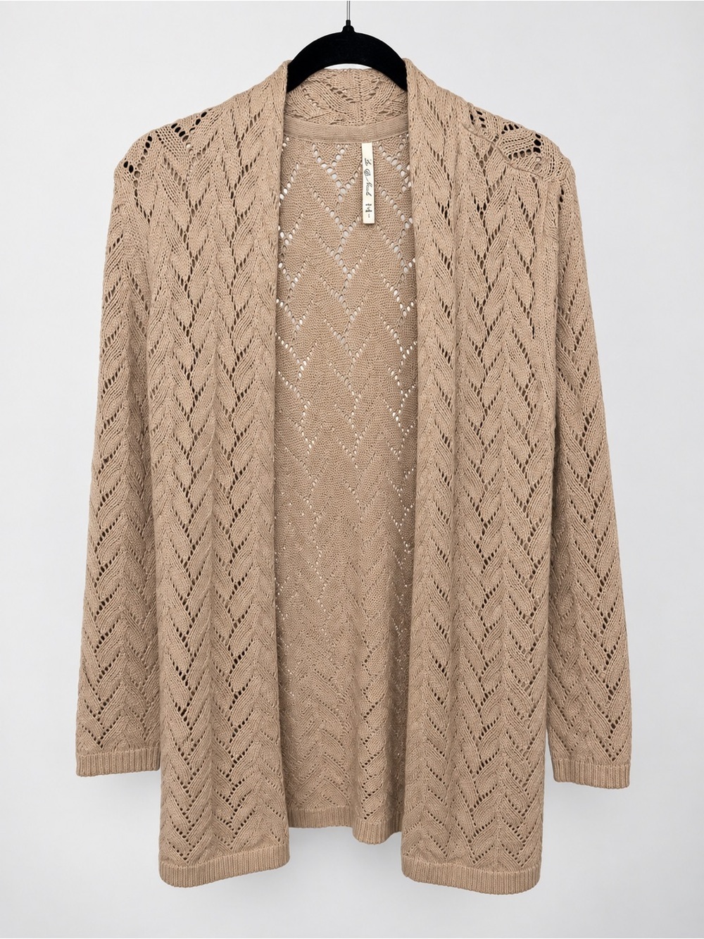 Leo & Nicole Women’s Large Beige Open Knit Cardigan Longline Crochet Sweater